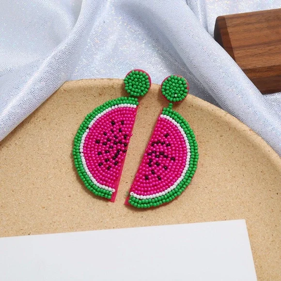 Watermelon Slice Seed Bead Dangle Earrings - Picture 6 of 7